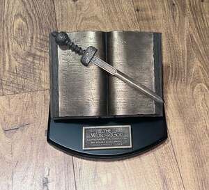 The Word of God Bible and Sword Decorative Sculpture with Display Base